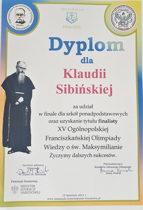 Dyplom dla Klaudii Sibińskiej