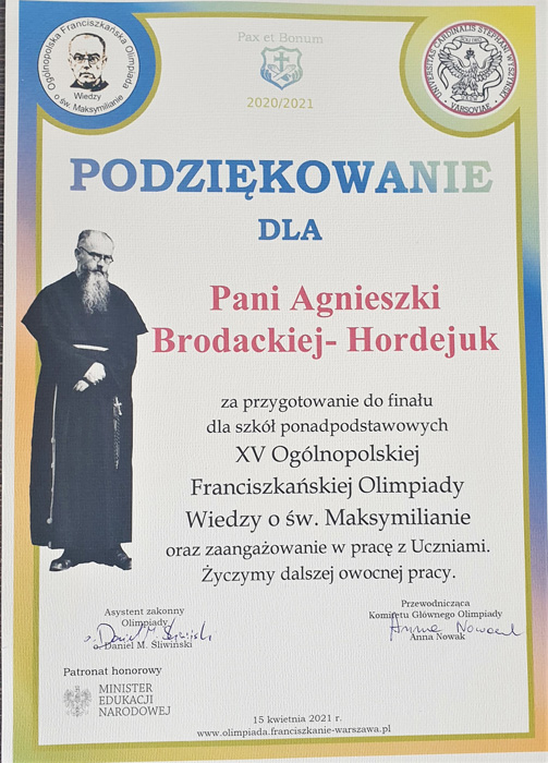 Podziękowanie dla Agnieszki Brodackiej-Hordejuk
